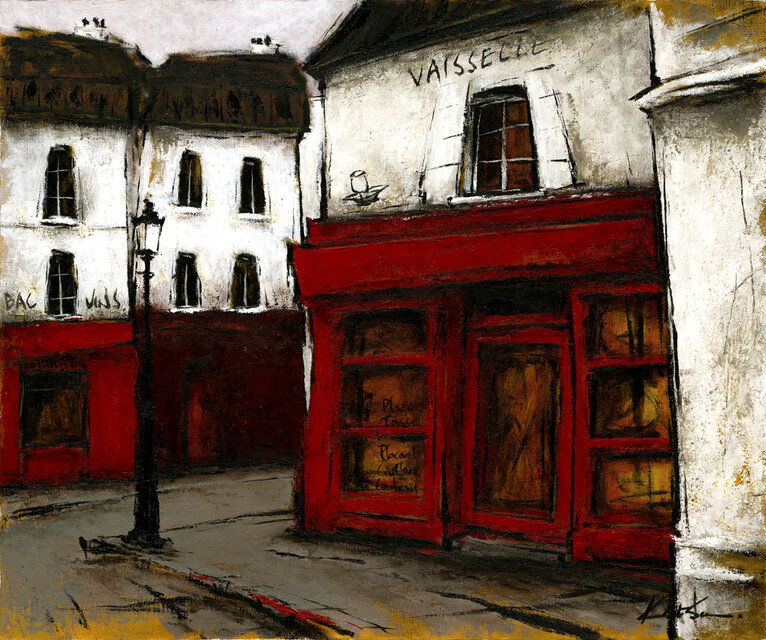 真作】複製画 欧州風景画 赤いクラシックカーと街角の門 パリ風情