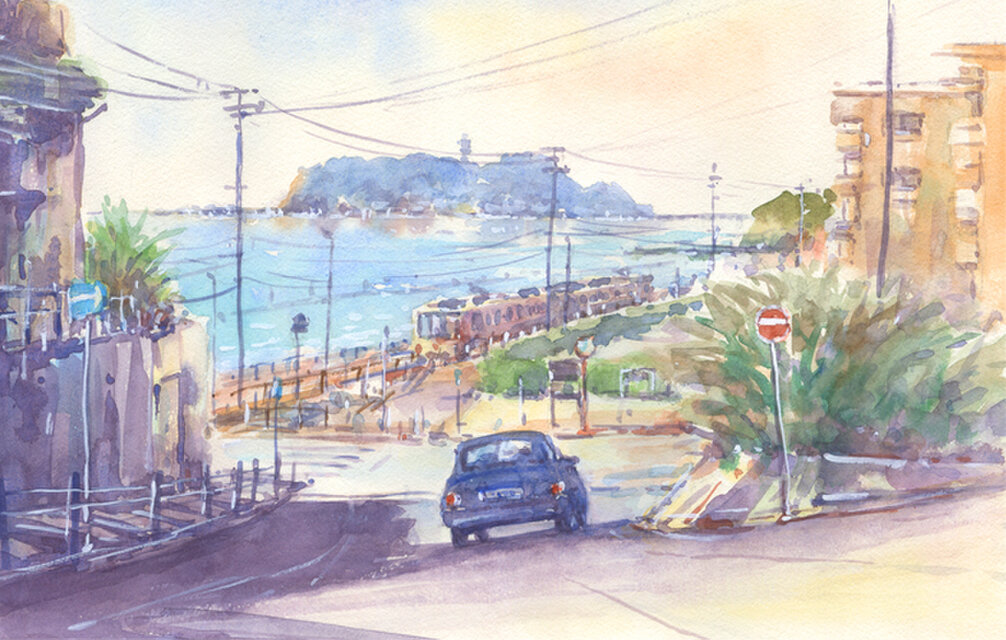 水彩画「昼餉の煙り」 Kita Hideaki | 小動岬江ノ電 ポスターカラー