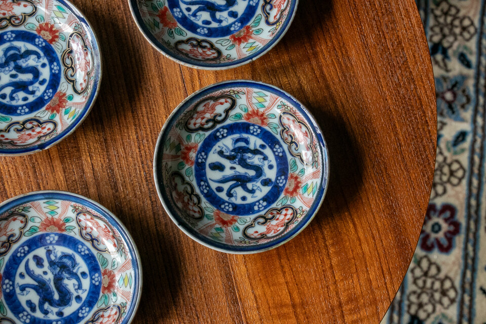 幕末〜明治時代 染錦かぶ文様蓋物 五客 蝶 可愛らしい器 料理屋 幕末