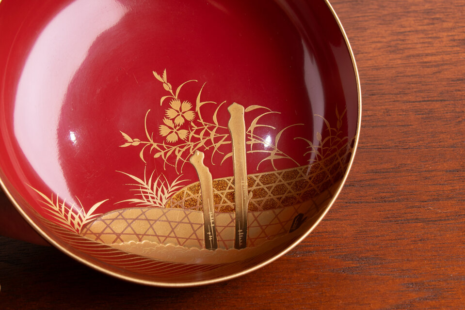 輪島塗 朱塗 波千鳥撫子蒔絵 菓子椀 E968B | iichi 日々の暮らしを