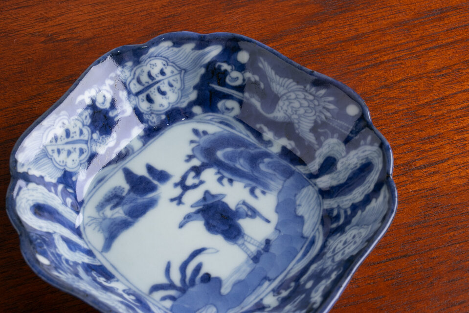 古伊万里 染付 山水鶴亀文 四方皿 江戸後期 E948 | iichi 日々の暮らし