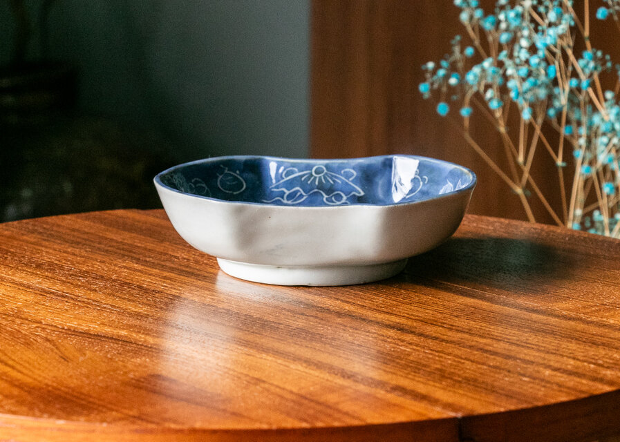 古伊万里 染付 陽刻 深皿 膾皿 唐人 韃靼人 江戸 アンティーク 金継ぎ