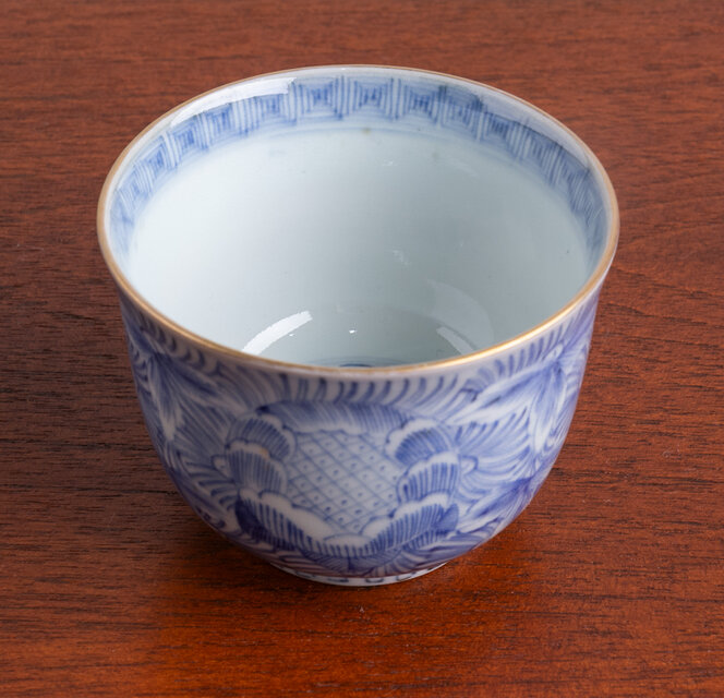 K631☆古伊万里 染付 手書き 網手 蓋もの 江戸後期 古伊万里 染付 網手