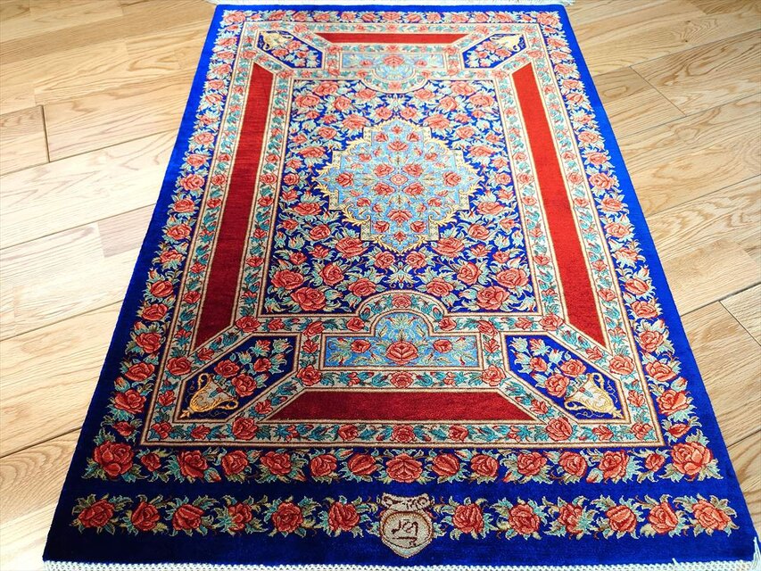ペルシャ絨毯クム産シルク ラフマーニ工房 玄関マット 87x60㎝ 薔薇