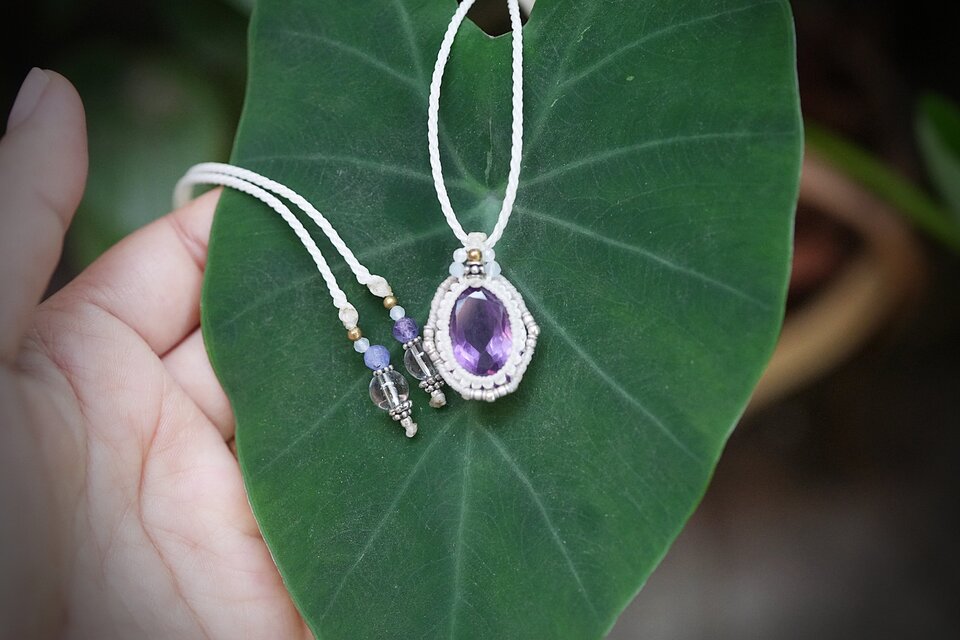宝石☆紫水晶☆ファセットカット アメジスト マクラメネックレス 1875