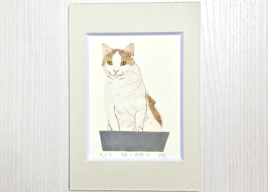 猫のジル」4号サイズ 油絵 よこたさよ作品 猫×四角Ⅴ／紙
