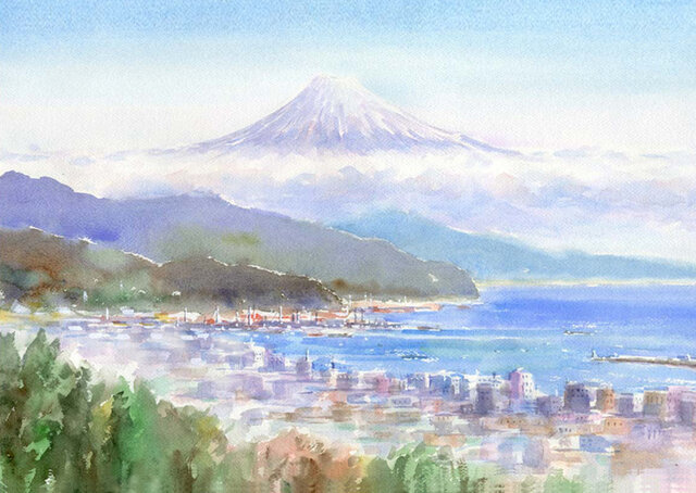 幻想絵画、空飛ぶ画家糸川裕志の水彩画、富士山曼荼羅の一点、 幻想