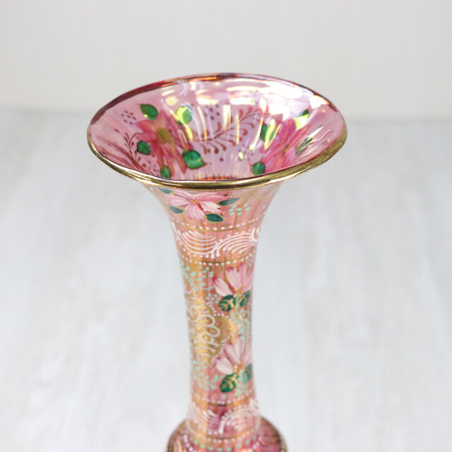 ピンクの花模様ガラスフラワーベース ピンクの花模様ガラスフラワーベース