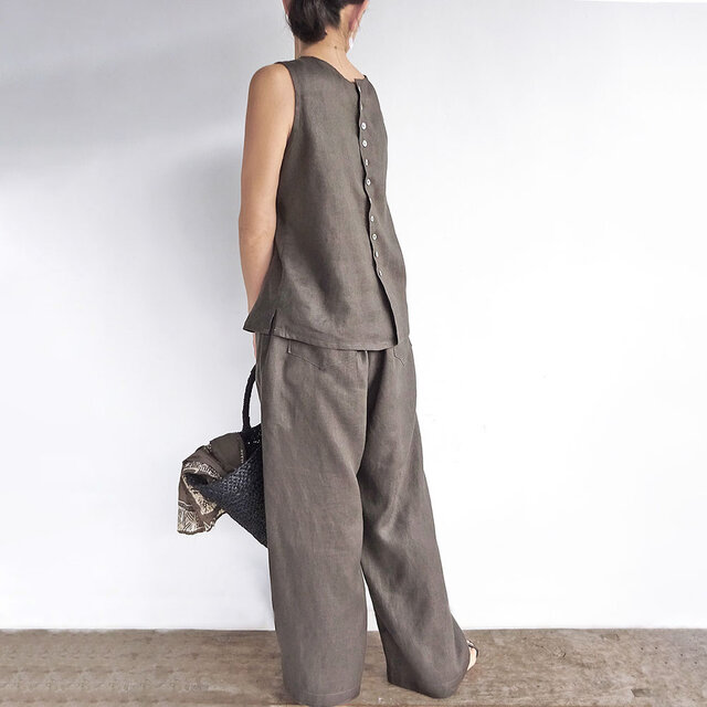 2サイズ リネンセットアップパンツ（チャコールブラウン） | iichi