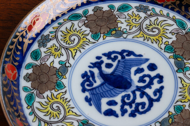 源六焼 赤絵 金彩 孔雀文 六寸皿 五枚 明治末~大正期 源六製 古伊万里