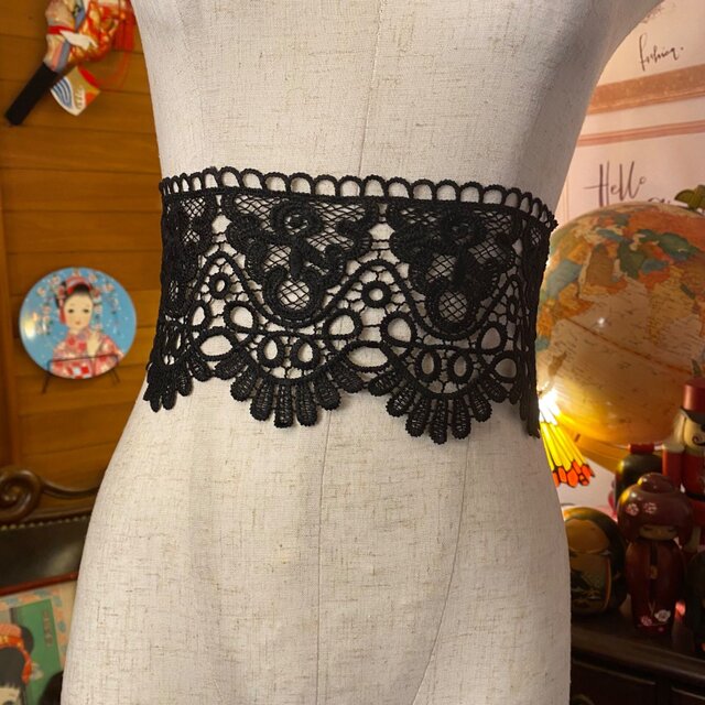 和洋折衷 レース 帯飾り リボン レトロ 古着 和 ハンドメイド 黒