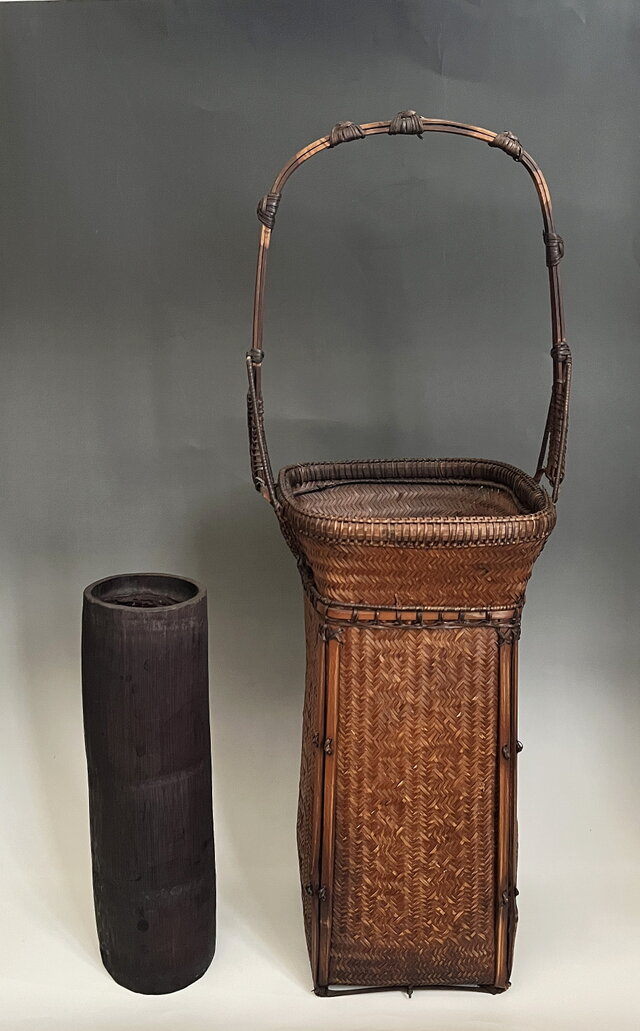 茶道具 煤竹 脛当篭 花入 船橋重郎 共箱 明治 大正 竹工芸 花器