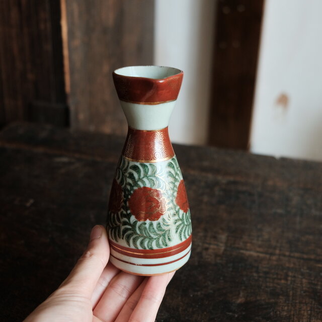 花とリーフ◇九谷焼 赤絵金彩徳利 酒器 インテリア 昭和レトロ