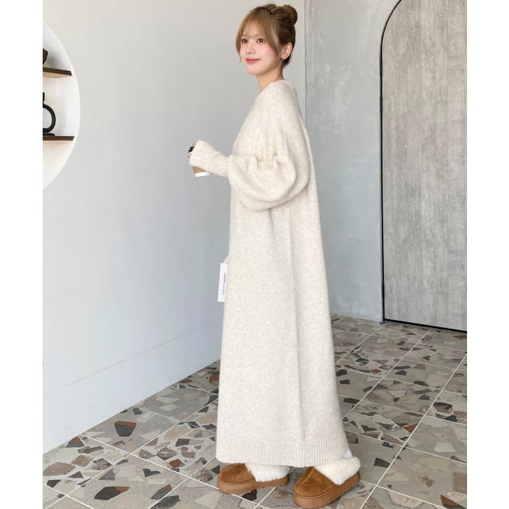 指ぬきボリュームスリーブミックスニットロングワンピース[品番
