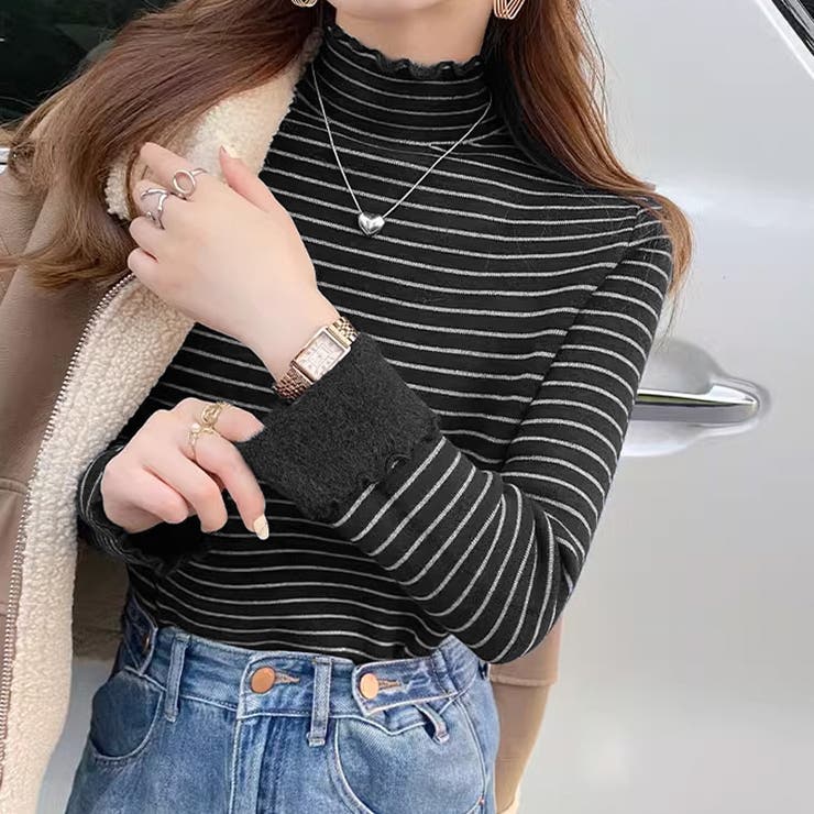 裏起毛 ボーダーハイネックニット メロウフリル[品番：COCW0005744