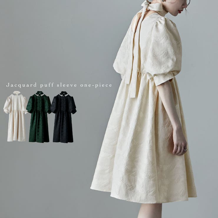 etoll エトル ジャガードパフスリーブドレス[品番：FT000008539