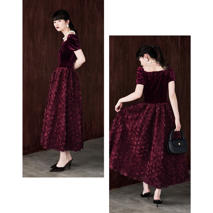 etoll エトル ベロアロゼットフレアドレス[品番：FT000010311