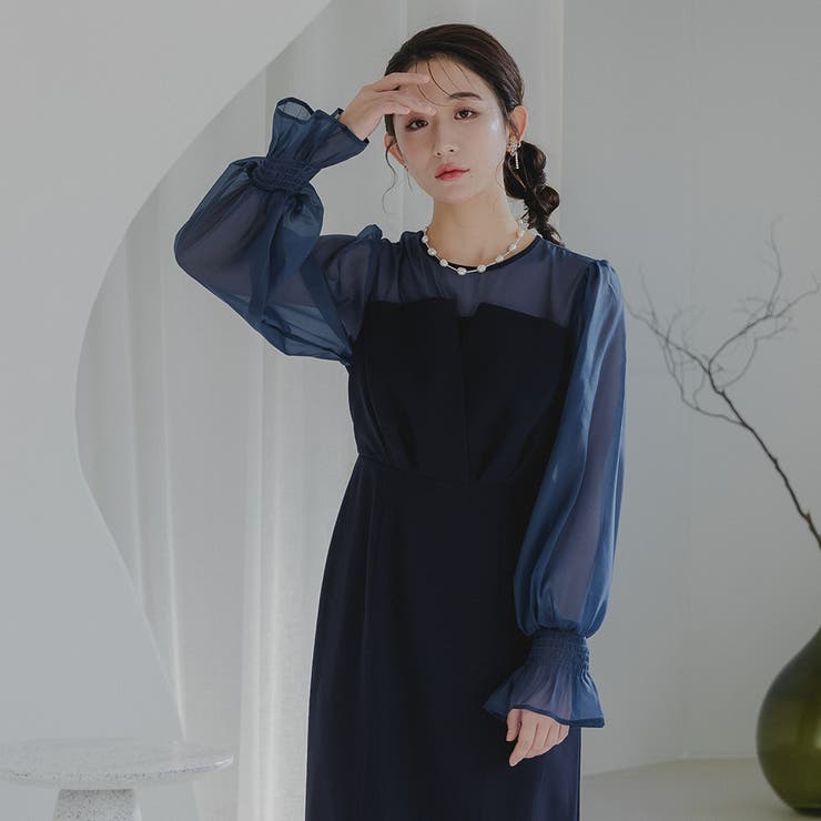 ボリュームスリーブシフォンロングワンピース ドレス 結婚式[品番