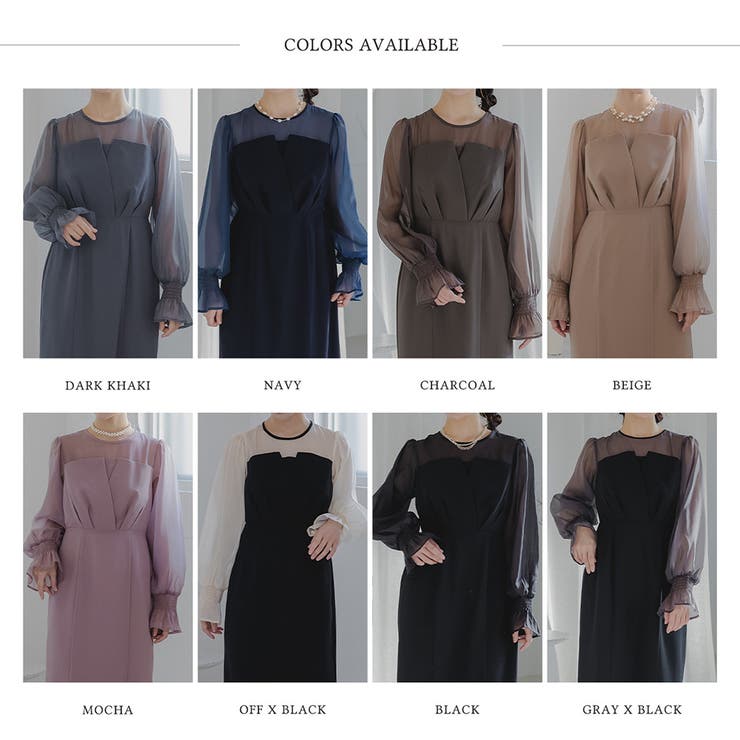 ボリュームスリーブシフォンロングワンピース ドレス 結婚式[品番