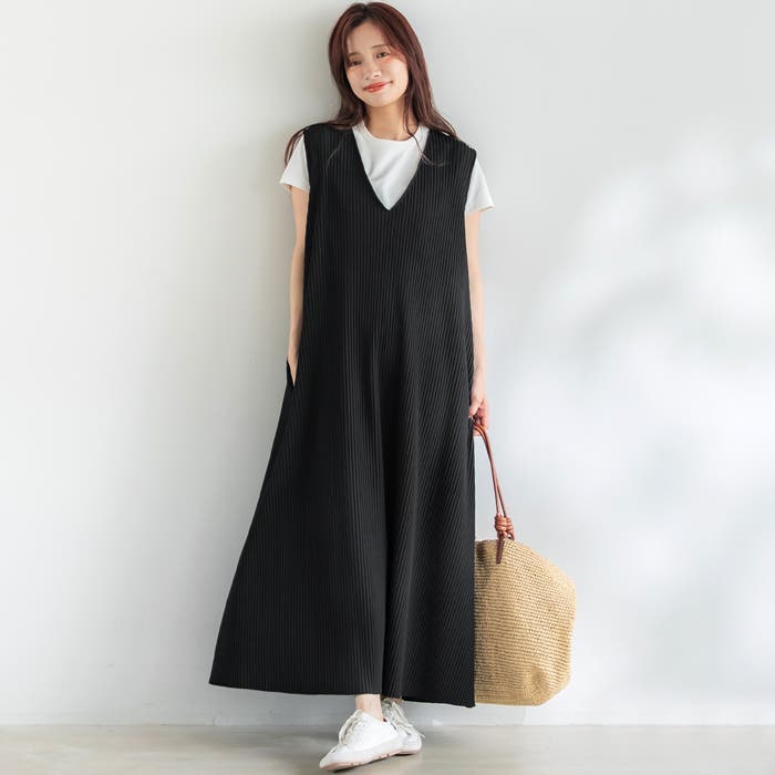 ジョーゼットプリーツVネックワンピース レディース[品番：PA000017255