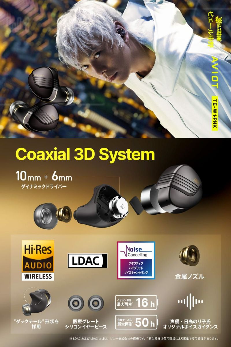 AVIOT TE-W1-PNK｜ピエール中野完全監修・高音質ワイヤレスイヤホン