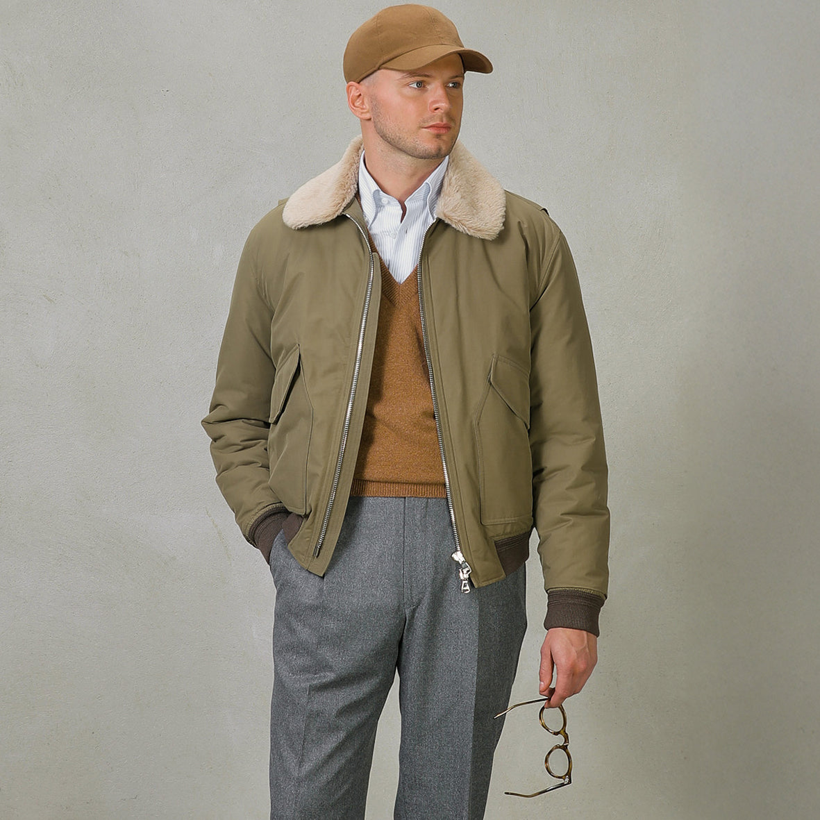 Valstar | Green Nylon Padded Shearling Flight Bomber | Fine