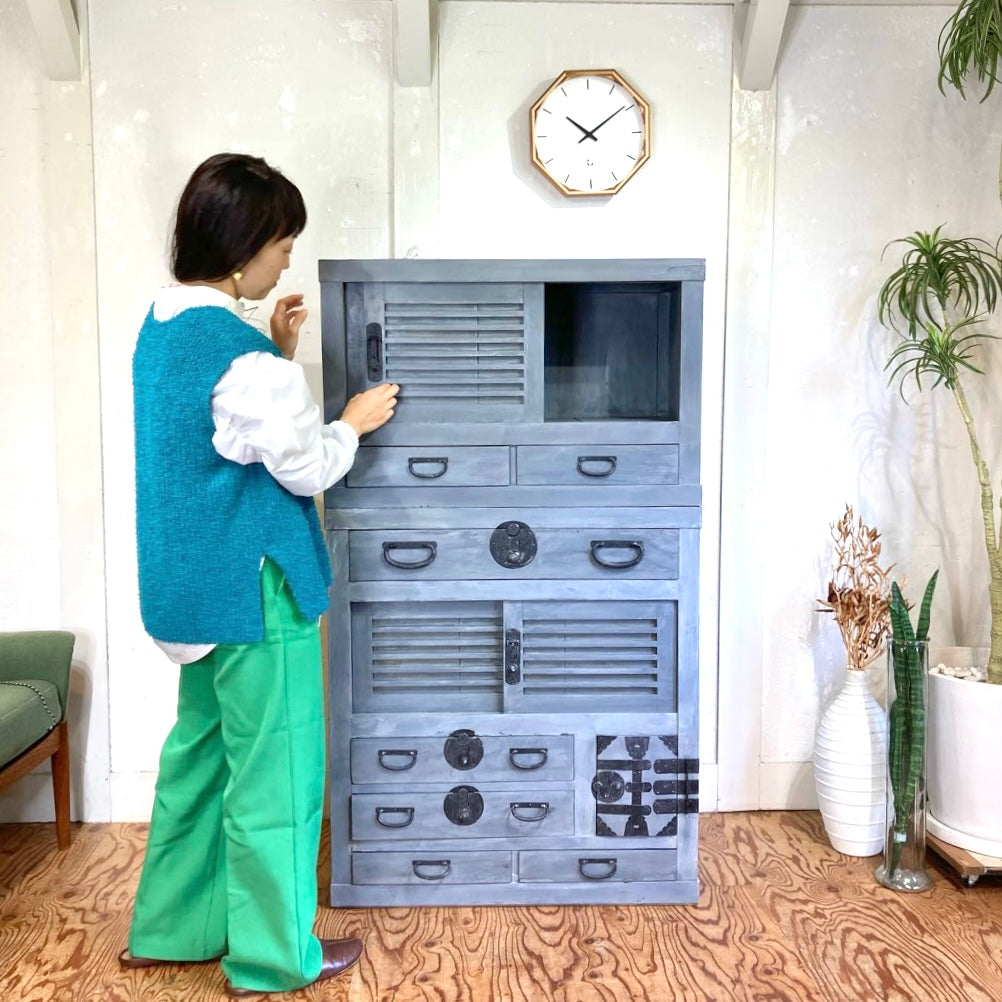 古家具 小売 水屋箪笥 古い収納棚 食器棚 ガラス戸 木製 水屋箪笥 古