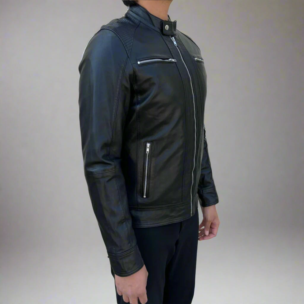 Men's Sheep Leather Jacket. 4-Pocket, Stand Snap Collar & Silver