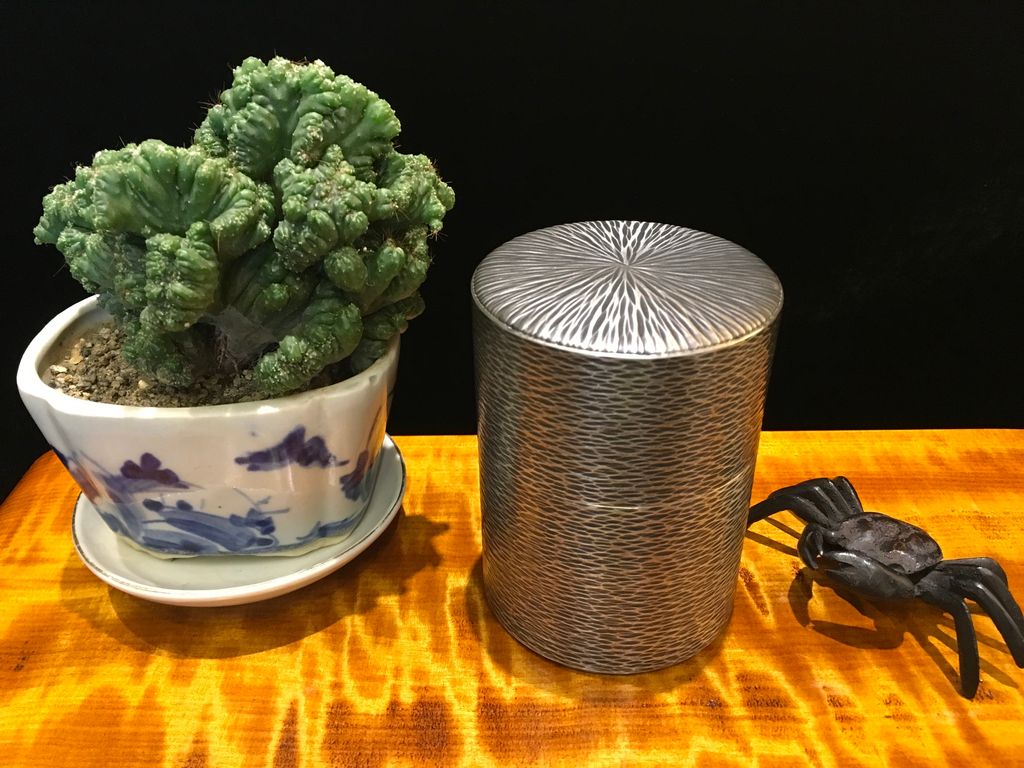 松栄堂純銀製茣座目打茶筒茶道具銀器銀製品