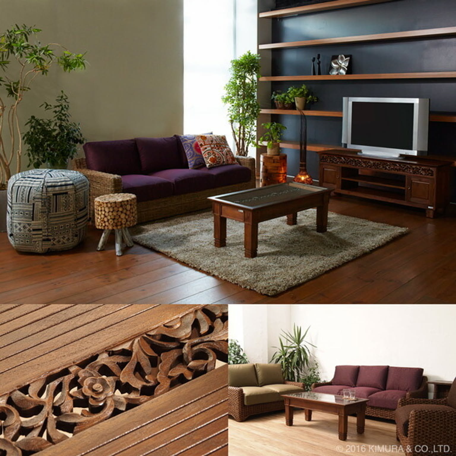 アンティーク家具木製家具 アジアンスタイルバリ風彫刻入り