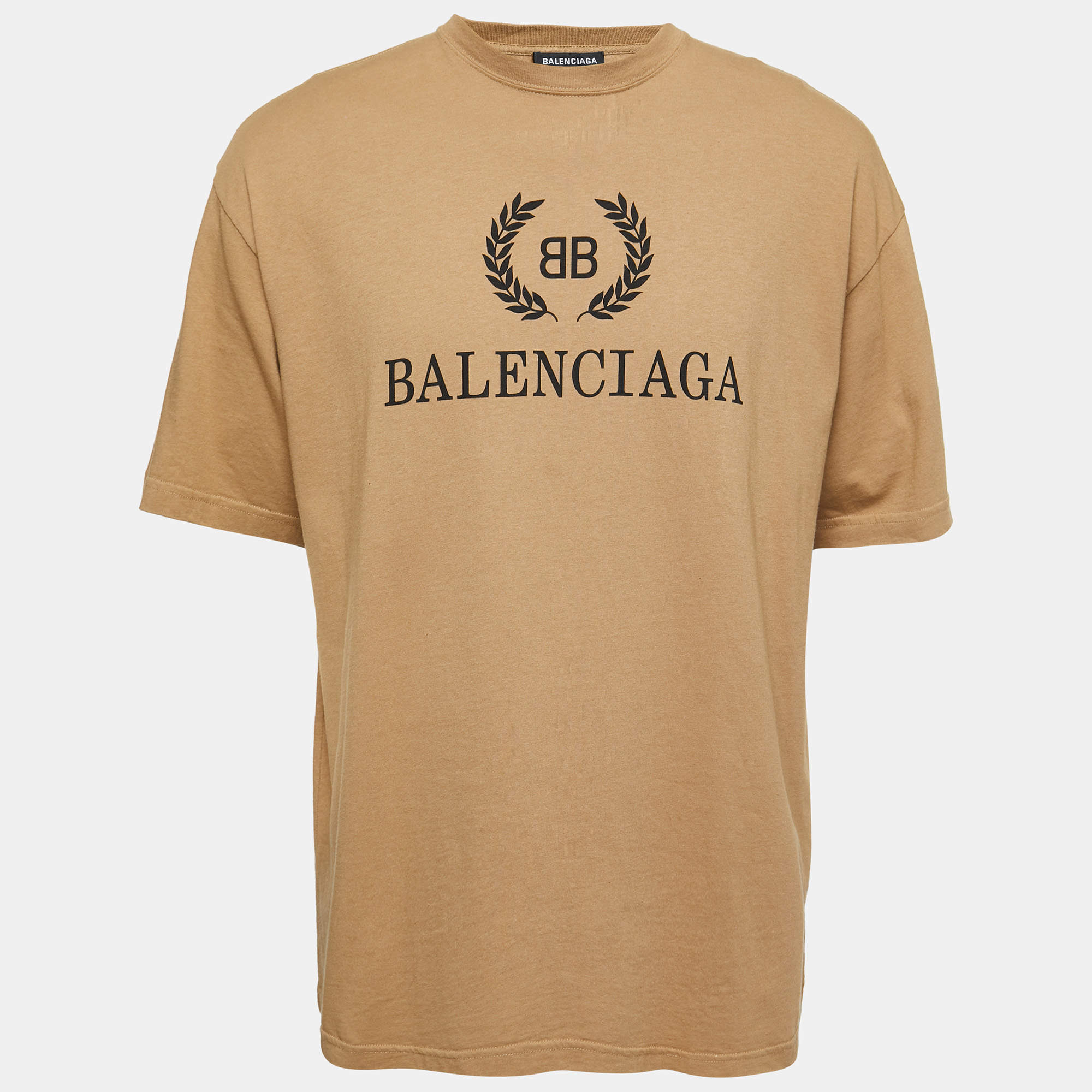 Balenciaga Camel Beige Logo Print Cotton Oversized T-Shirt S