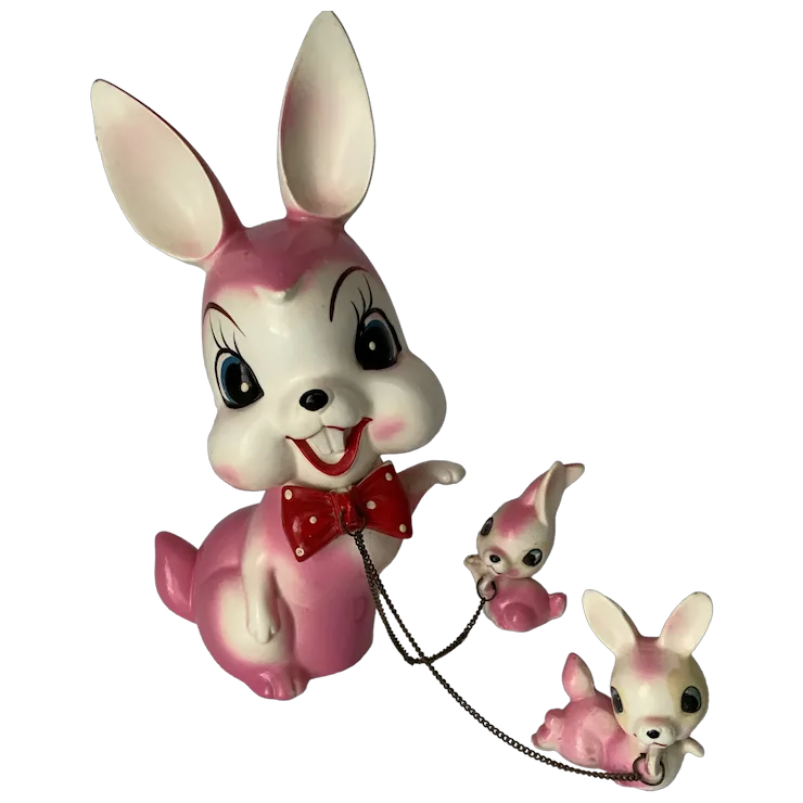 Mid Century Easter Anthropomorphic Bunny Rabbits Pink Chain