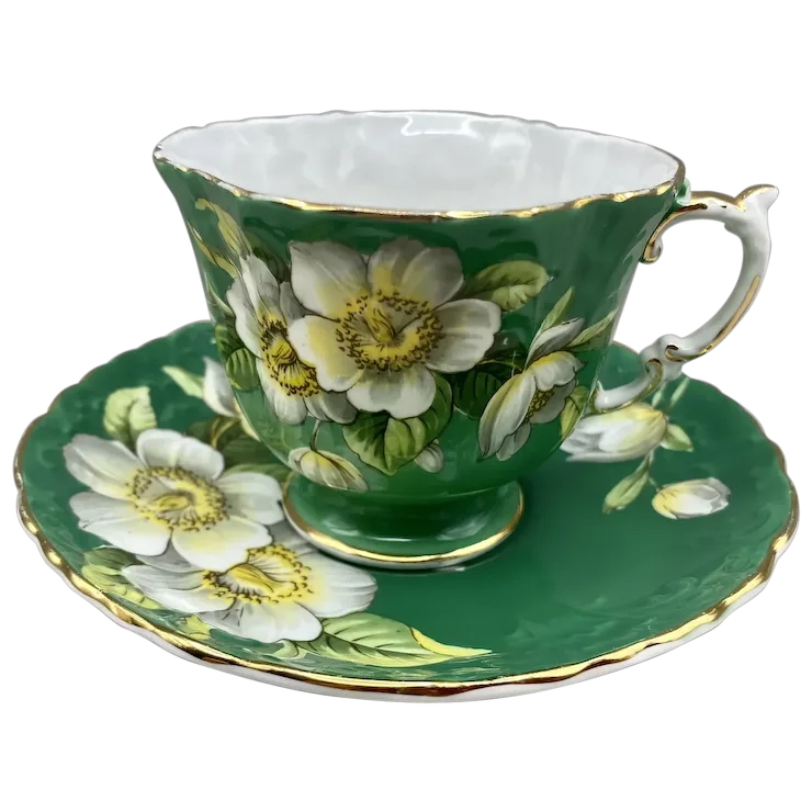Vintage Aynsley Tea Cup and Saucer Set, Green with Dogwood Flowers