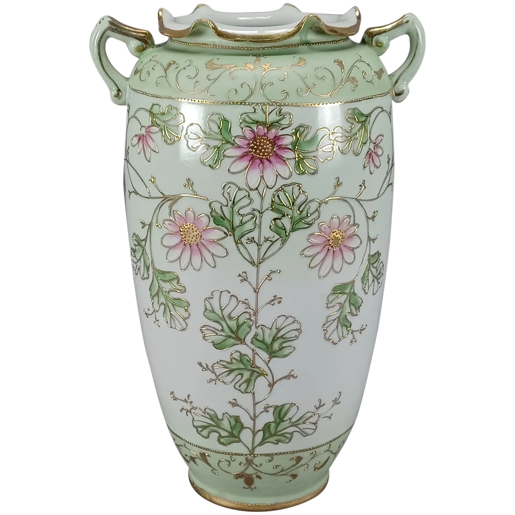 IE&C Co Nippon Hand Painted Pink Floral Raised Gold & Green Vase