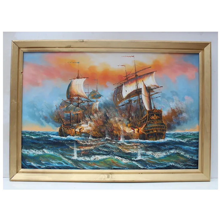 J.Harvey Large Oil painting on canvas, SHIPS BATTLE AT SEA, Signed