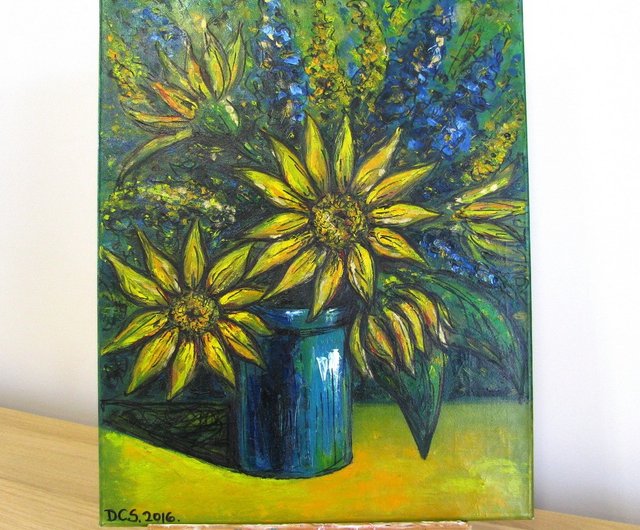 キャンバス油絵 専用 青い背景のコップに入れた野のお花 抽象静物画