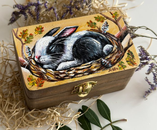 スロバキア 手描き木箱 うさぎ、ミニ収納ボックス うさぎ、宝石箱