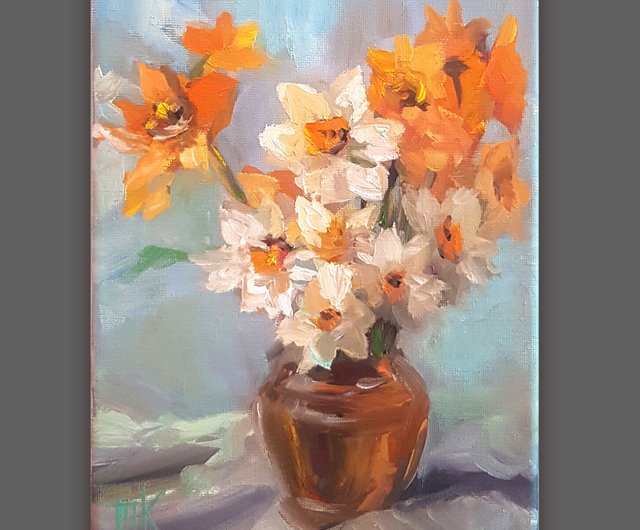 ロシア 水仙油絵オリジナルアート花キャンバスアートワーク春フラワー