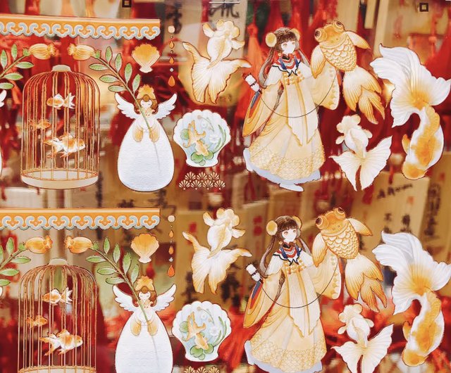 魚舞灯影 古風人物金魚集 和紙マスキングテープ 10m巻 台湾製 幻象