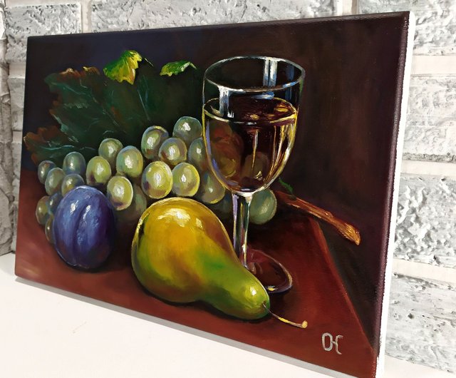 絵画 インテリア 額付(白) 油絵 uF6-061203 静物 果物 ぶどう 絵画