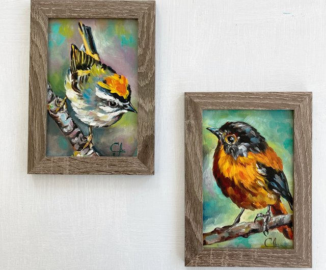 油絵 専用 小鳥さんのかくれんぼ1 見つけようとしている小鳥 油絵