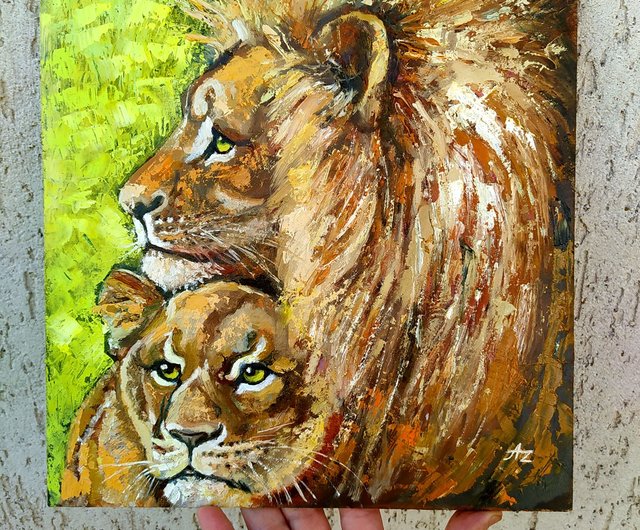 手書き油絵 七色のライオン 額付 肉筆絵画 インテリア 油彩画 【楽天