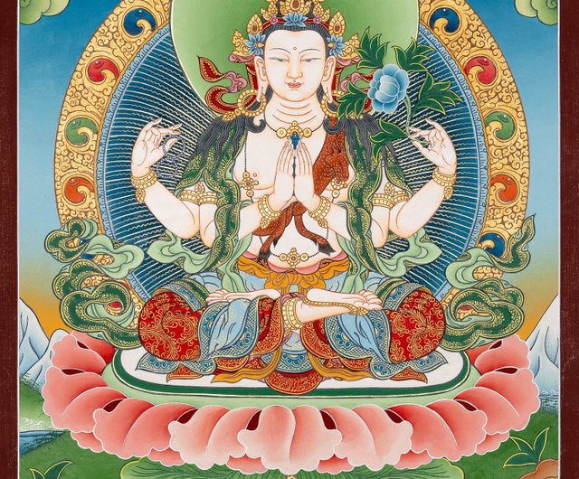 ネパール チベット仏教の観音菩薩のタンカアート Boudha Stupa Thanka