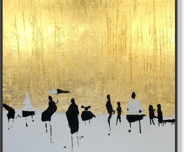 送料無料】スペイン 抽象的な人々アクリル絵画オリジナル金箔