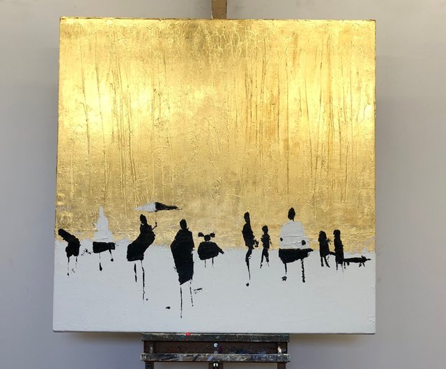 送料無料】スペイン 抽象的な人々アクリル絵画オリジナル金箔