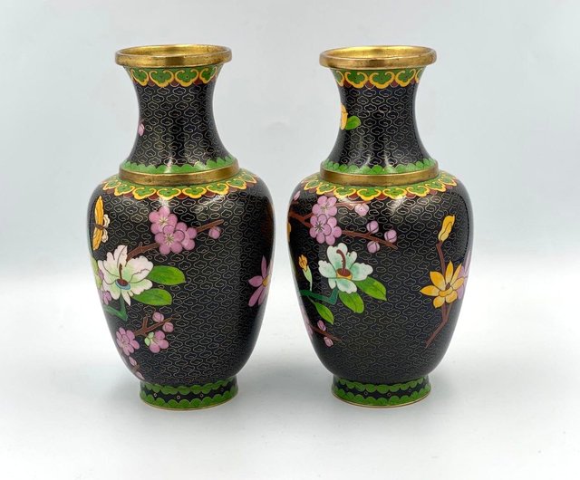 比利時一對古董花瓶| 成對的中國花瓶景泰藍HappyDuckVintage - Pinkoi