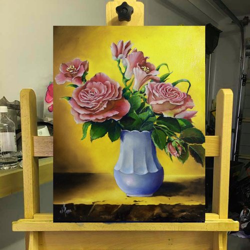 油絵 よっこ確認 ピンクとオレンジ色の花を差した花瓶 油絵 よっこ様