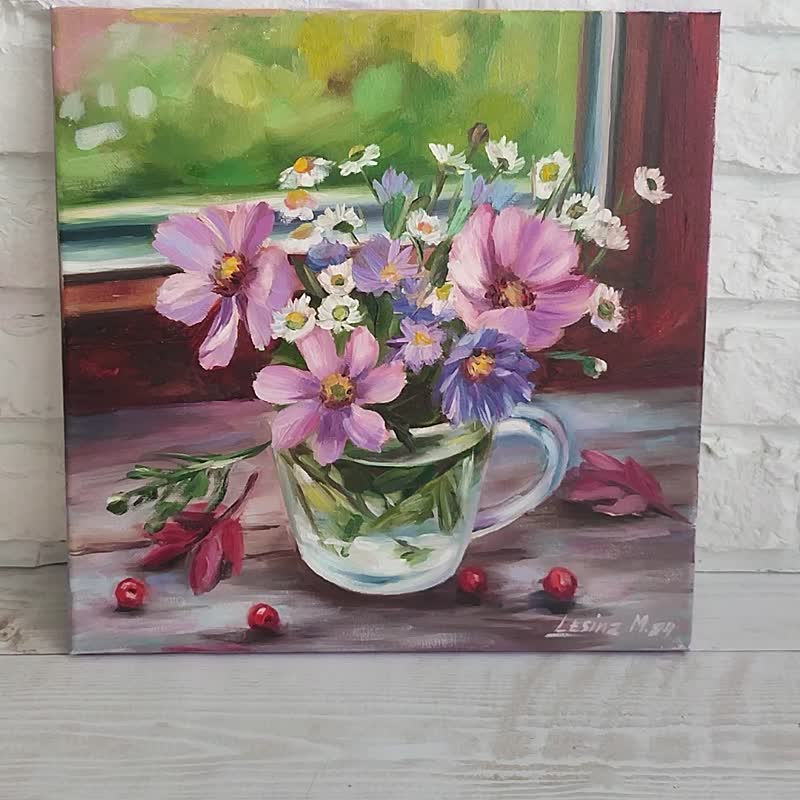 キャンバス油絵 専用 カラフルなお花をたくさん入れた花瓶 happy