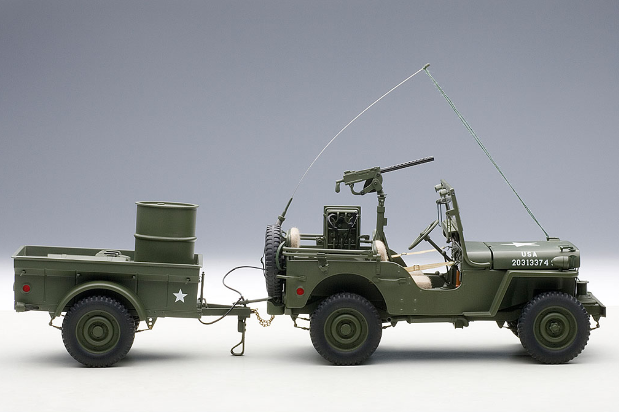1/18 AUTOart Jeep Willys (Army Green) with Trailer & Accessories