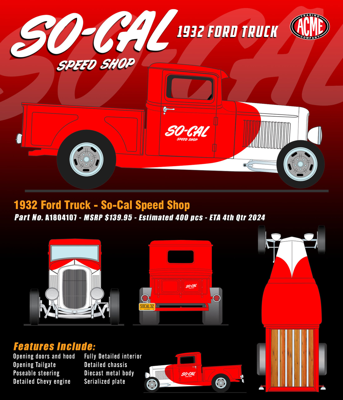 1/18 ACME 1932 Ford Hot Rod Pickup So-Cal Speed Shop (Red & White